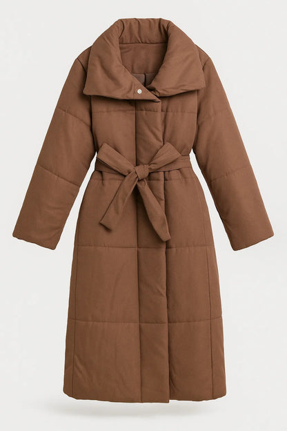Cappotto trapuntato lungo con cintura e collo ampio