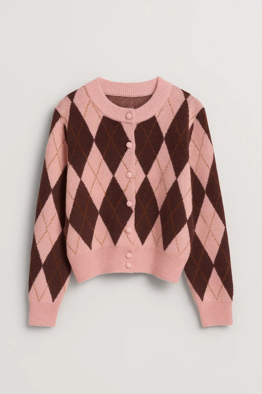 Cardigan corto con motivo a rombi e bottoni rivestiti