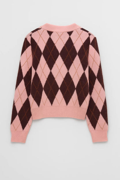Cardigan corto con motivo a rombi e bottoni rivestiti