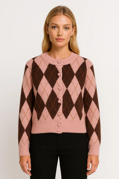 Cardigan corto con motivo a rombi e bottoni rivestiti