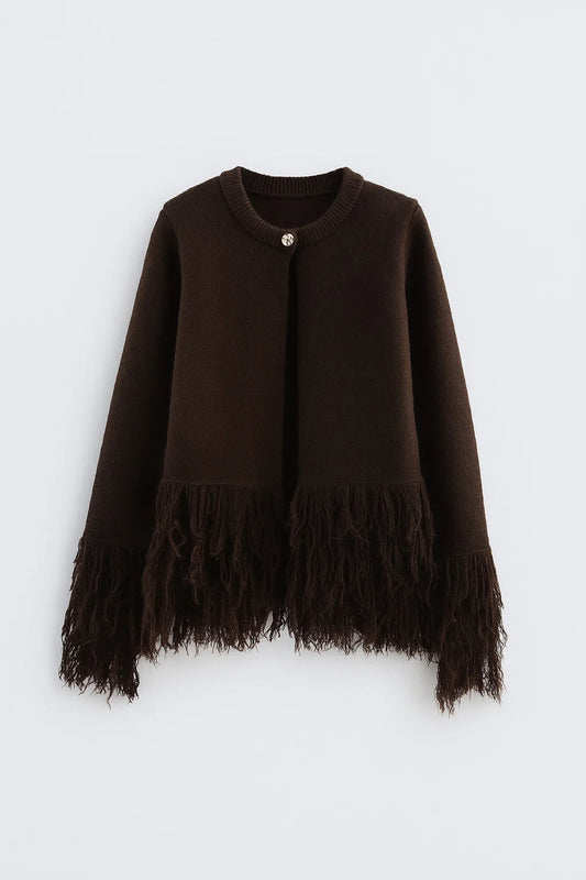 Cardigan elegante con frange decorative | Chiusura con bottone gioiello