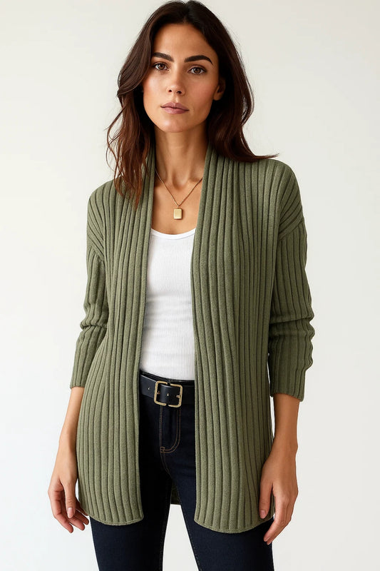 Cardigan lungo a costine | Verde oliva | Maglia leggera a maniche lunghe