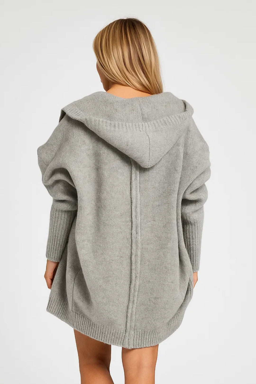 Cardigan lungo con cappuccio e maniche a coste