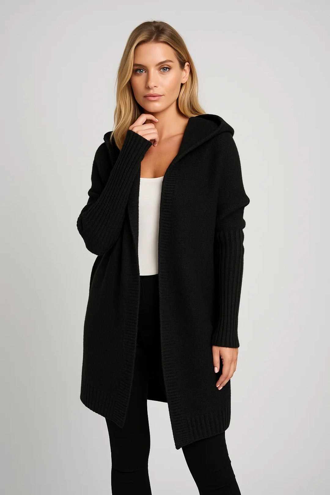 Cardigan lungo con cappuccio e maniche a coste