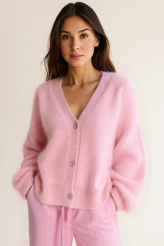 Cardigan rosa in maglia soffice | Bottoni tono su tono | Vestibilità morbida