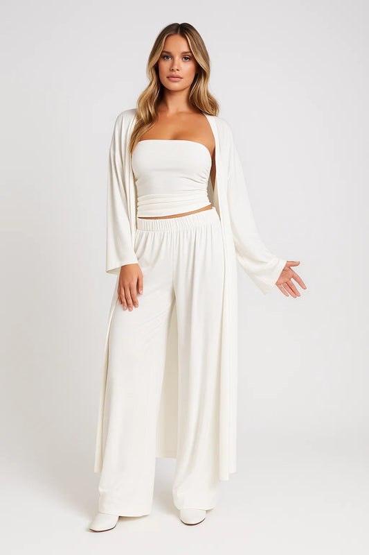 Completo 3 pezzi con top fascia e kimono lungo | Look rilassato e chic