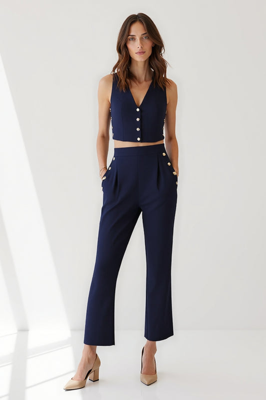 Completo blu navy elegante | Top corto con bottoni dorati e pantaloni dritti