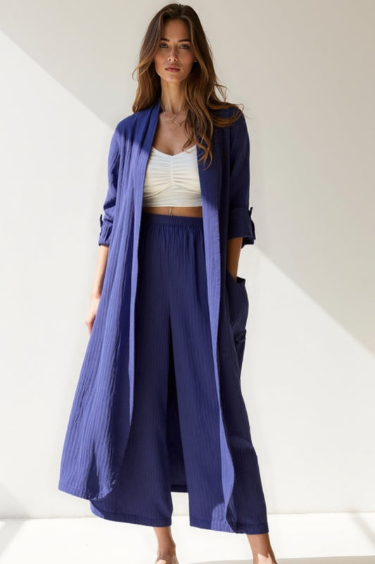 Completo con pantalone ampio e kimono lungo | Tessuto leggero | Look casual raffinato