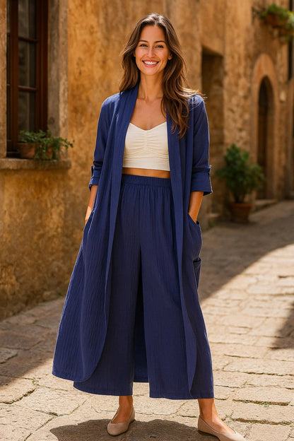 Completo con pantalone ampio e kimono lungo | Tessuto leggero | Look casual raffinato