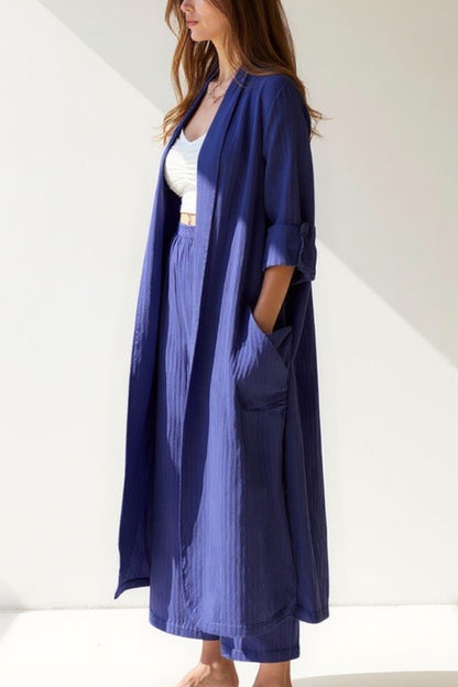 Completo con pantalone ampio e kimono lungo | Tessuto leggero | Look casual raffinato