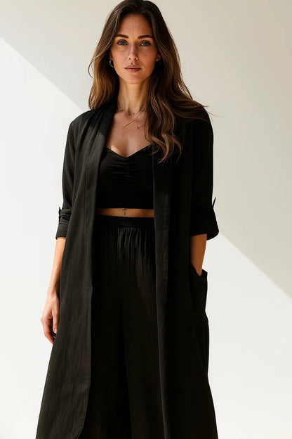 Completo con pantalone ampio e kimono lungo | Tessuto leggero | Look casual raffinato
