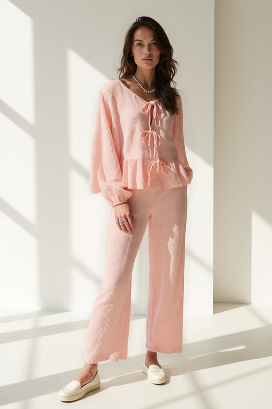 Completo coordinato in cotone garzato | Blusa con laccetti e pantaloni larghi