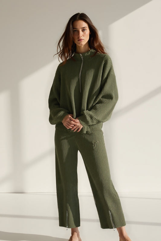 Completo coordinato in maglia a costine con zip | 2 pezzi