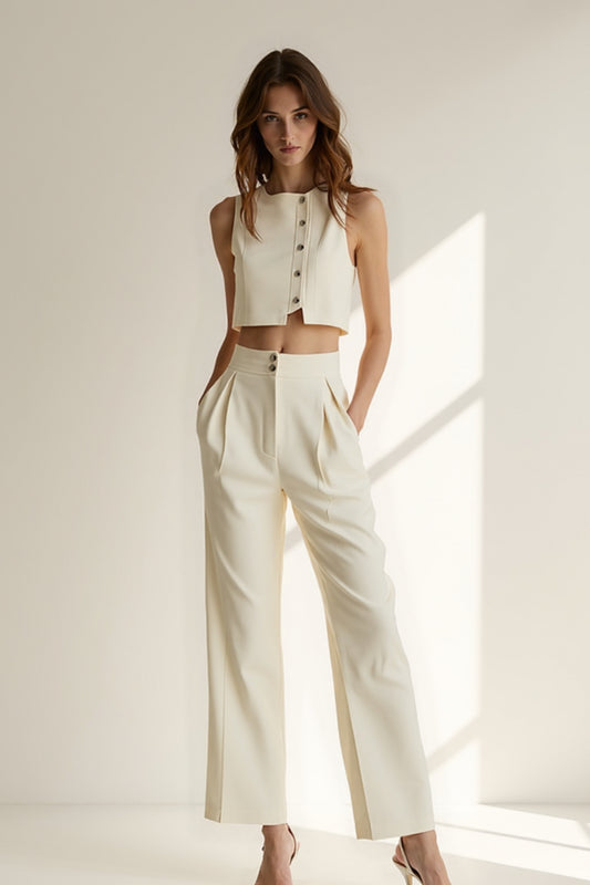 Completo due pezzi con top corto e pantaloni a vita alta