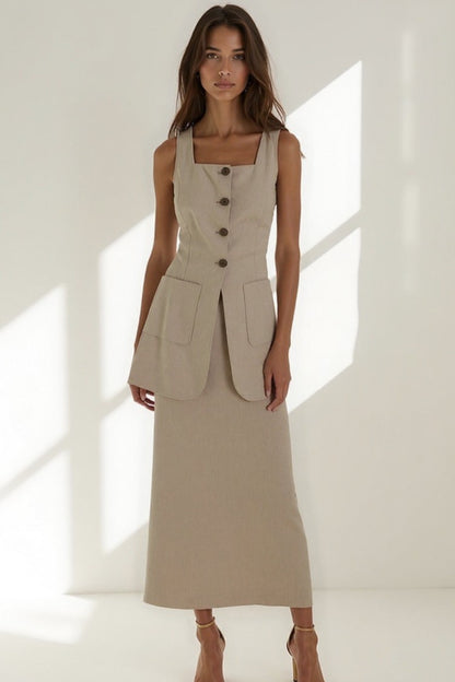 Completo due pezzi elegante | Gilet lungo con tasche e gonna dritta midi