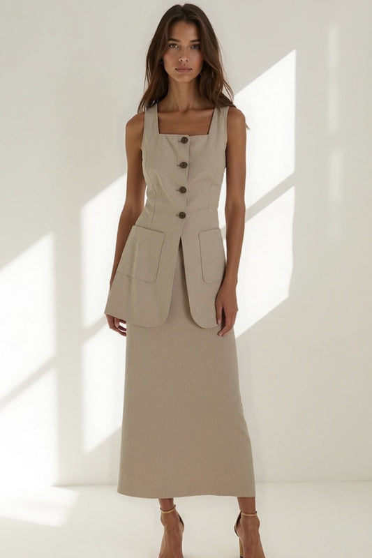 Completo due pezzi elegante | Gilet lungo con tasche e gonna dritta midi