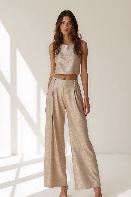 Completo due pezzi elegante color champagne | Top corto e pantaloni ampi
