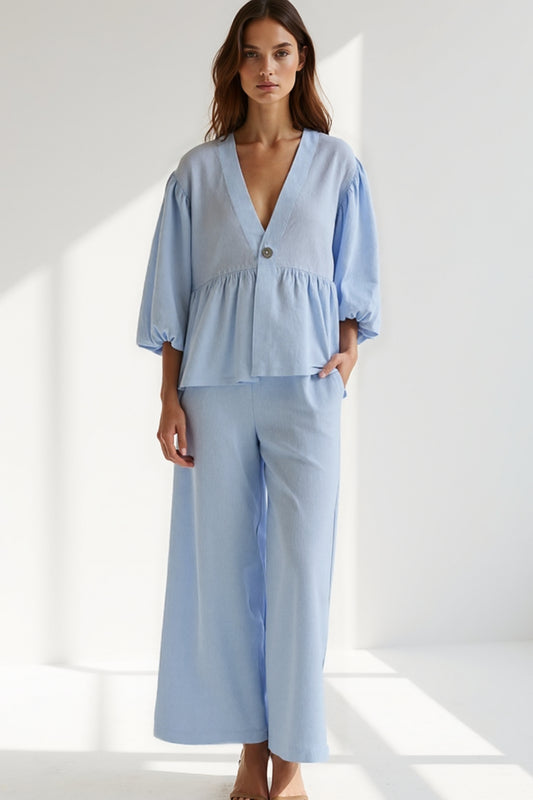 Completo due pezzi in cotone leggero | Camicia con maniche a palloncino e pantaloni larghi