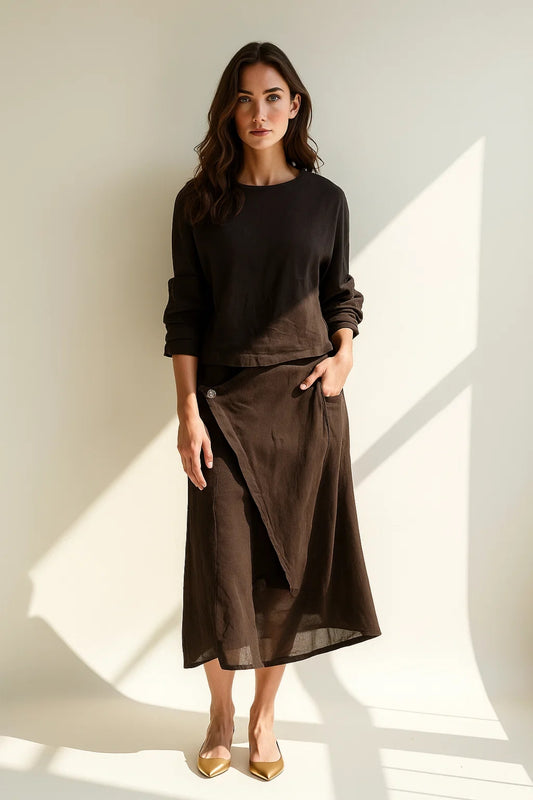 Completo due pezzi in lino da donna | Maglia manica lunga e gonna midi a portafoglio