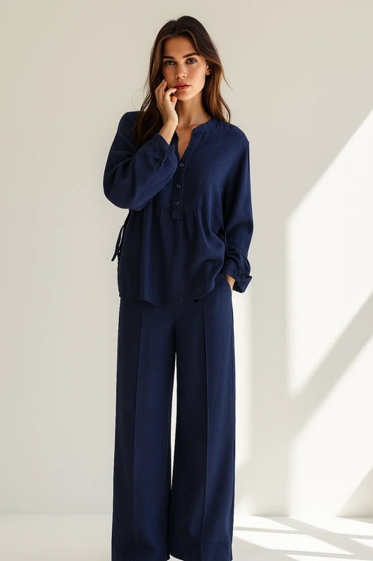 Completo due pezzi in lino traspirante | Camicia con bottoni e pantalone ampio