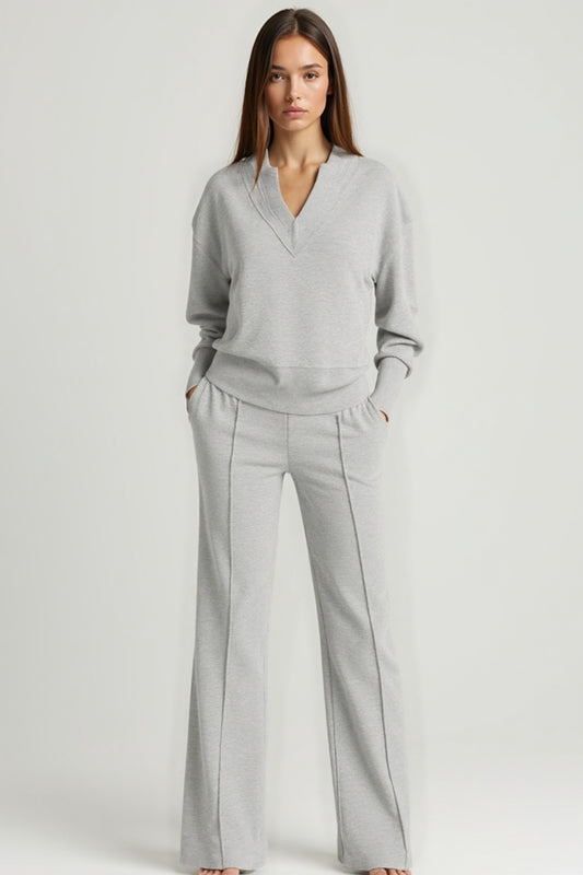 Completo due pezzi in maglia leggera con felpa e pantaloni a gamba larga