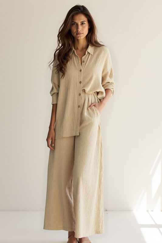 Completo due pezzi in mussola di cotone | Camicia ampia e pantaloni larghi con coulisse