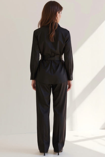 Completo due pezzi nero elegante da donna | Blusa con cintura e pantaloni dritti