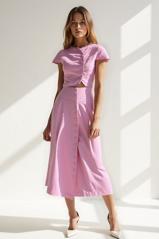 Completo due pezzi rosa pastello da donna | Top corto con bottoni e gonna midi coordinata