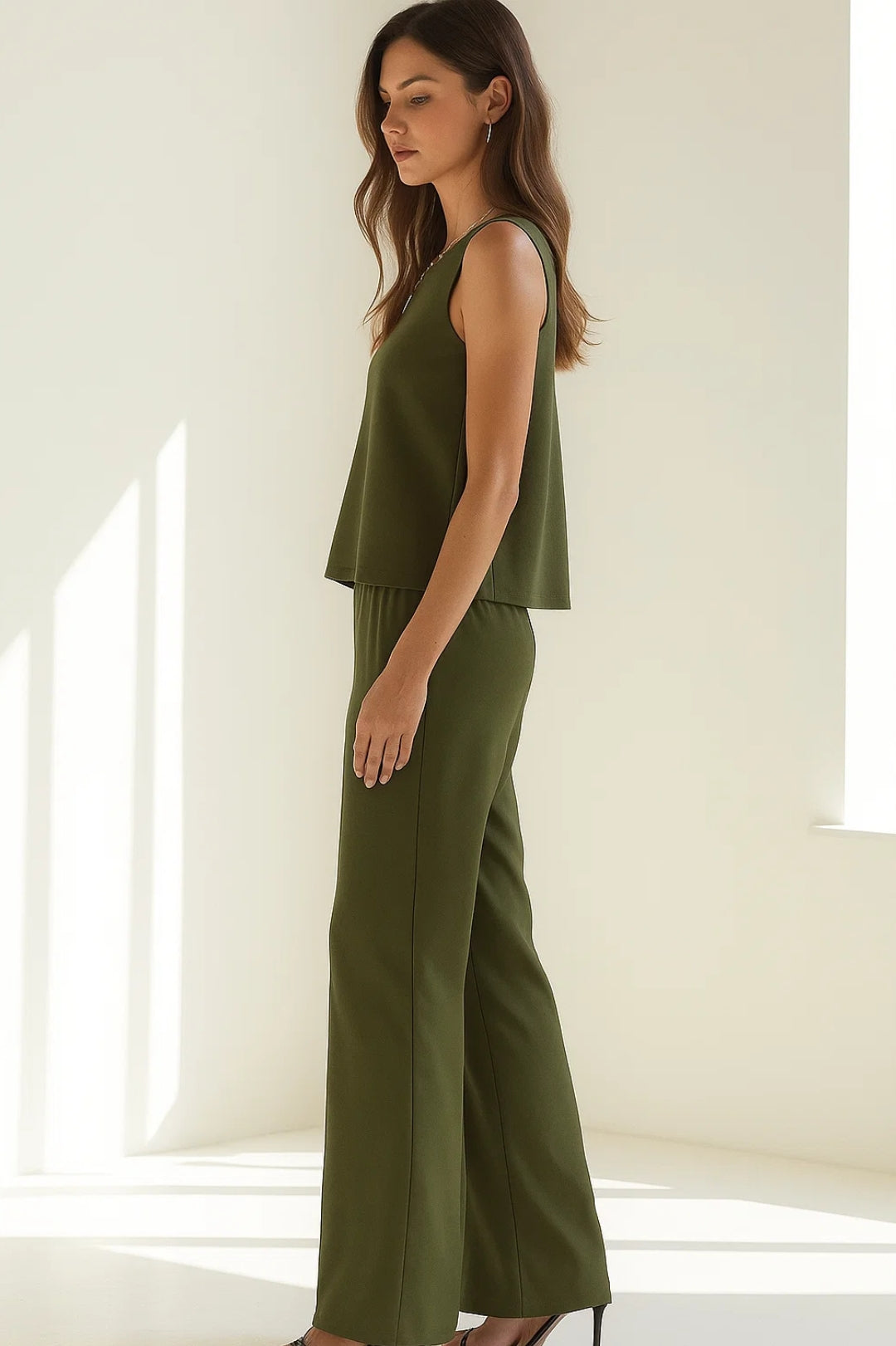 Completo due pezzi senza maniche con top e pantaloni a gamba larga