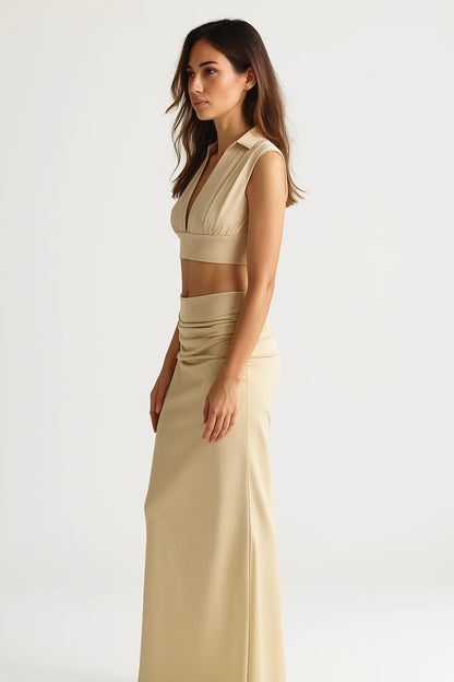 Completo elegante con top corto e gonna lunga a vita alta | Beige | Raffinato e femminile