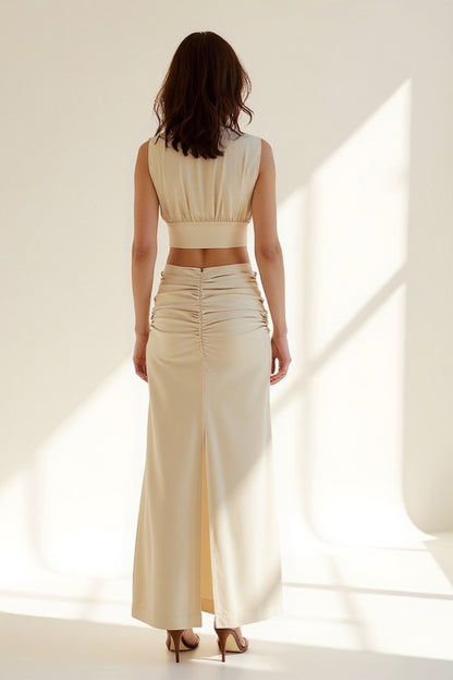 Completo elegante con top corto e gonna lunga a vita alta | Beige | Raffinato e femminile