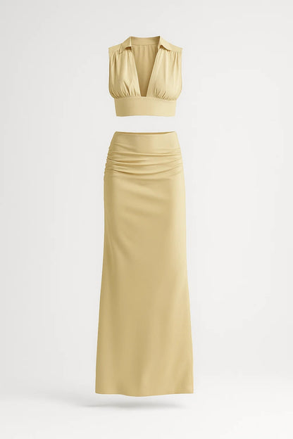 Completo elegante con top corto e gonna lunga a vita alta | Beige | Raffinato e femminile