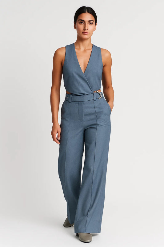 Completo elegante con top incrociato e pantaloni a vita alta | Blu ardesia