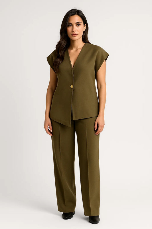 Completo elegante con top scampanato e pantaloni ampi | Verde oliva
