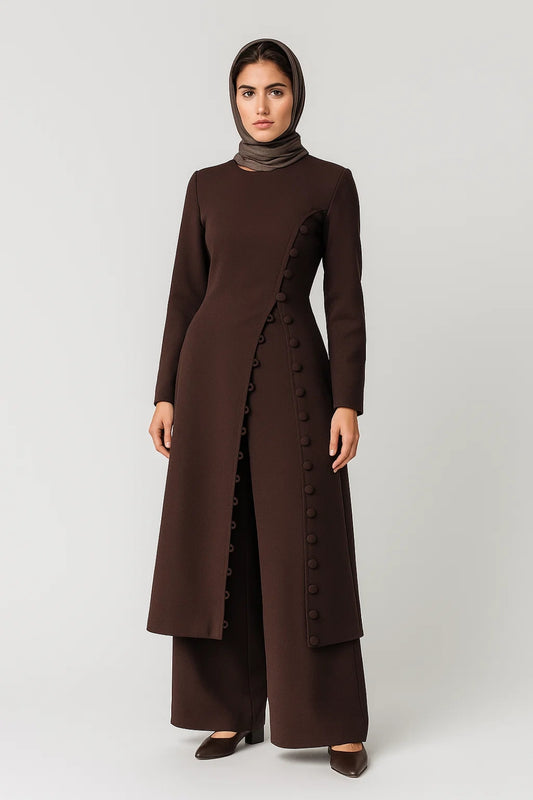 Completo elegante con tunica lunga asimmetrica e pantaloni ampi | Marrone scuro