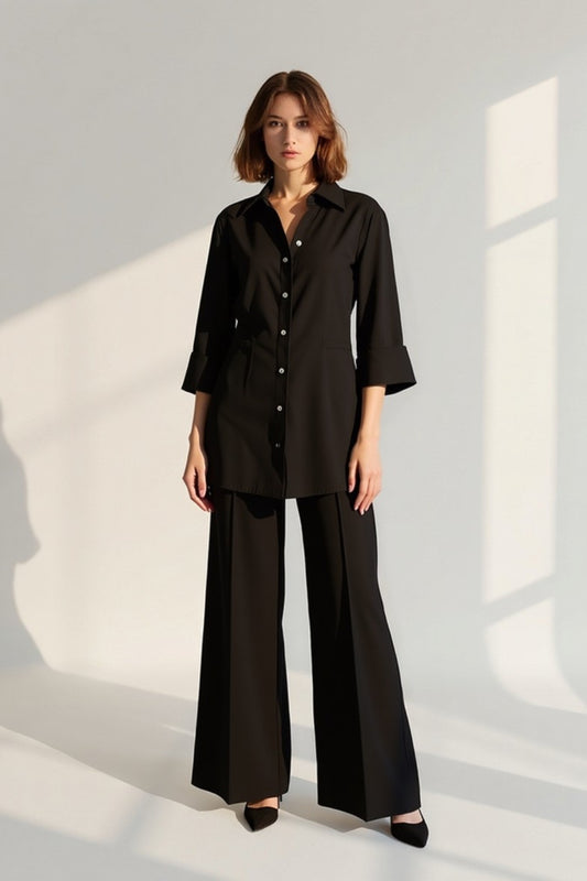 Completo elegante donna in tessuto fluido nero | Camicia a maniche 3/4 e pantaloni ampi