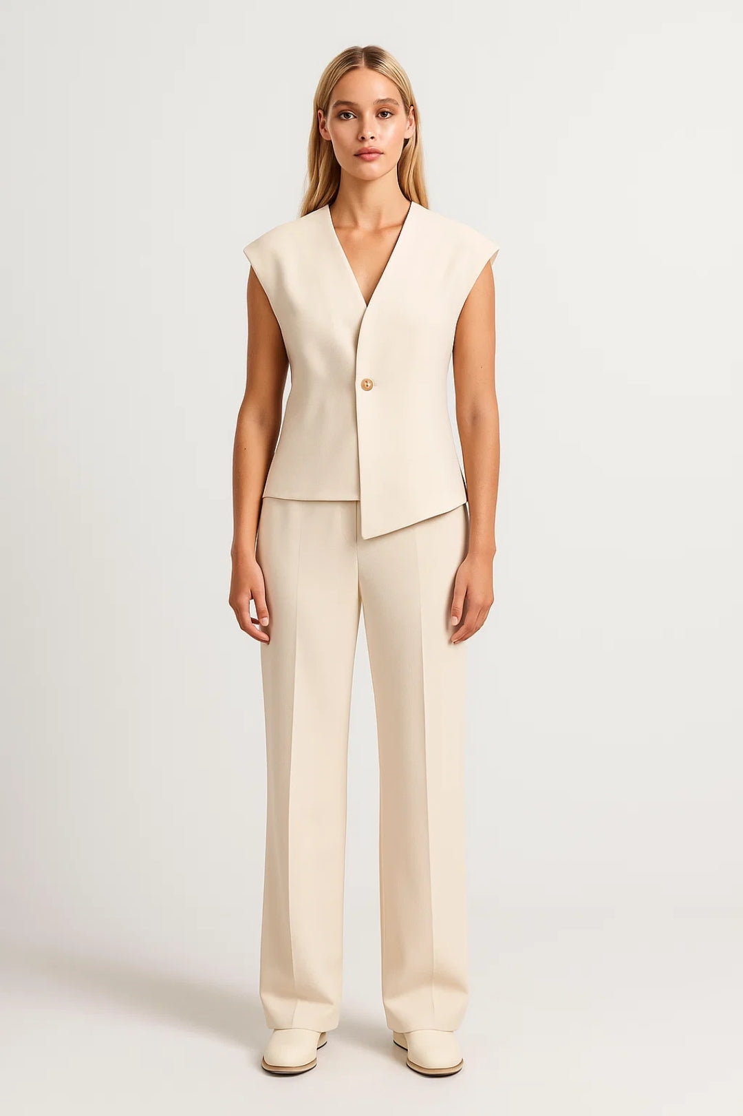 Completo elegante due pezzi con top senza maniche e pantaloni a palazzo