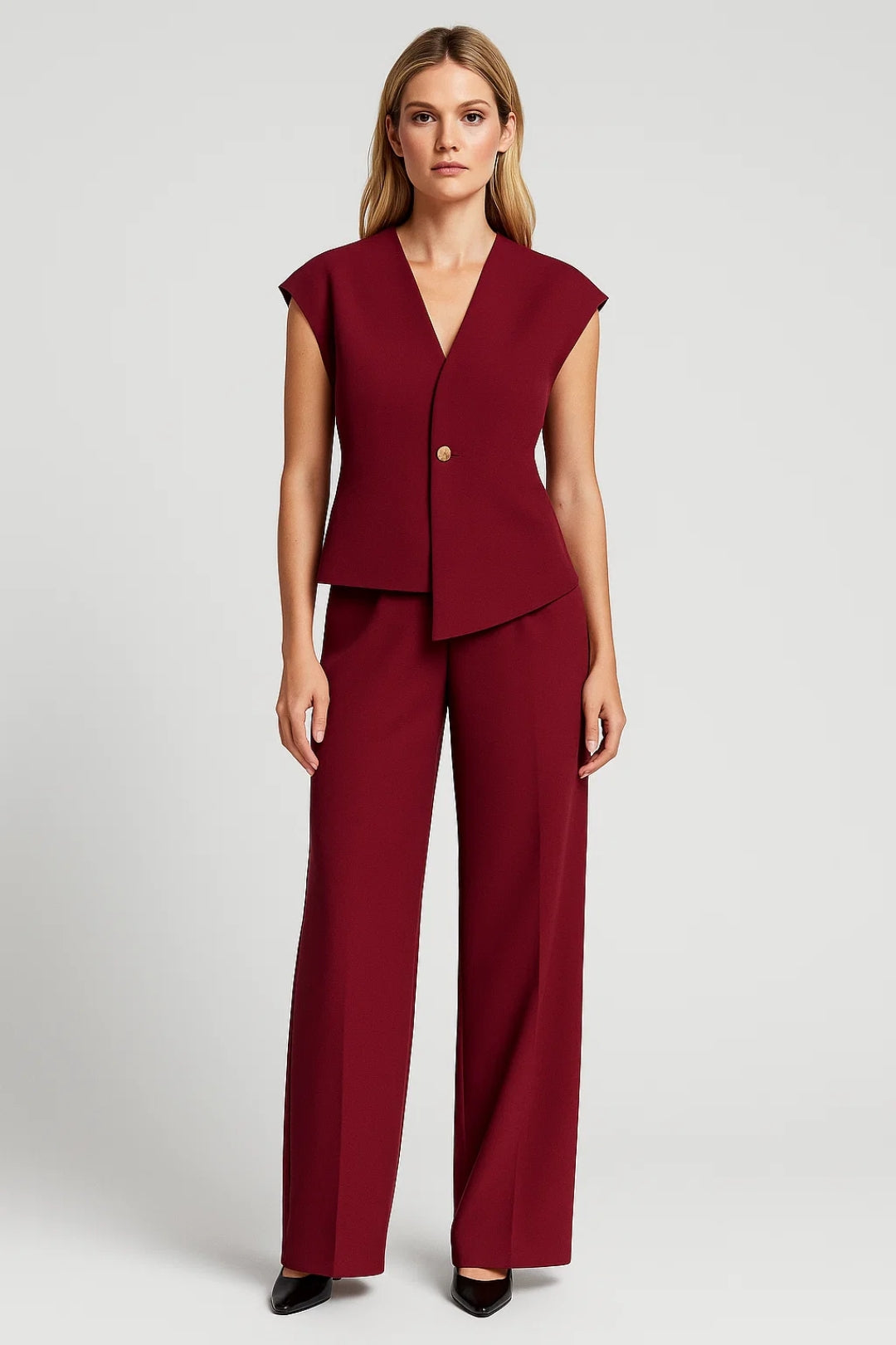 Completo elegante due pezzi con top senza maniche e pantaloni a palazzo