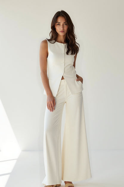 Completo elegante senza maniche con top e pantaloni a gamba larga | Bianco crema | Chic e raffinato