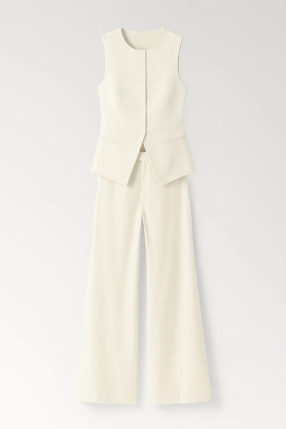Completo elegante senza maniche con top e pantaloni a gamba larga | Bianco crema | Chic e raffinato