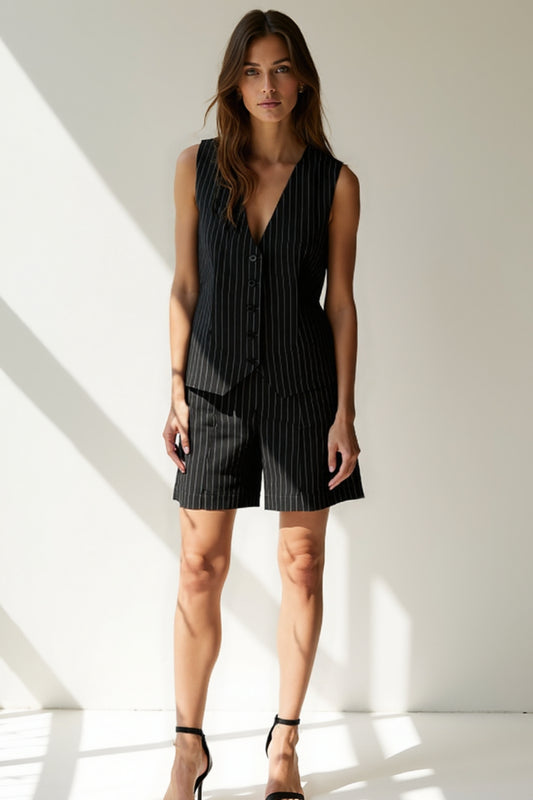 Completo estivo due pezzi a righe | Gilet nero e shorts coordinati