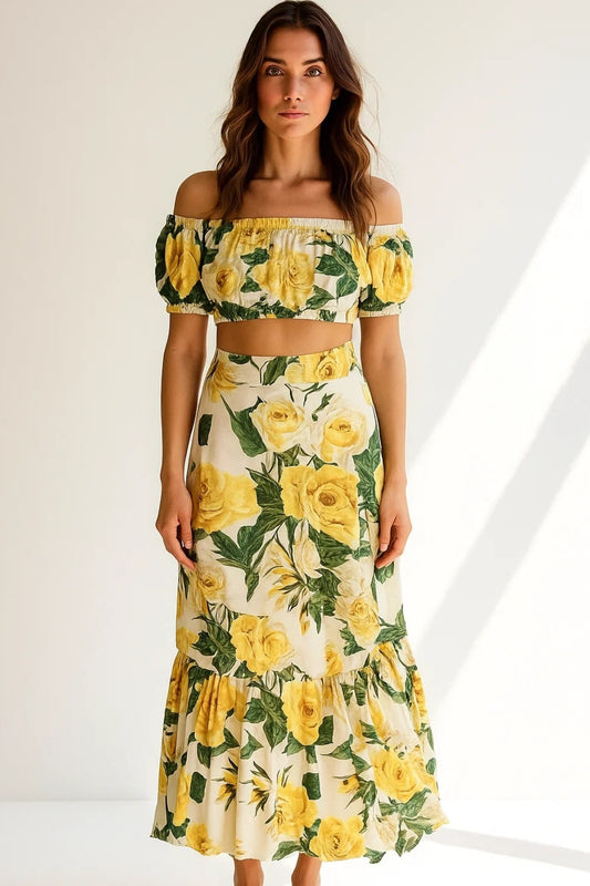 Completo estivo floreale con top a spalle scoperte e gonna midi | Stile fresco e femminile