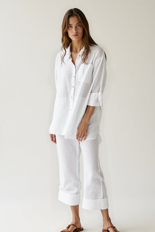 Completo estivo in lino bianco | Camicia ampia e pantaloni a gamba dritta
