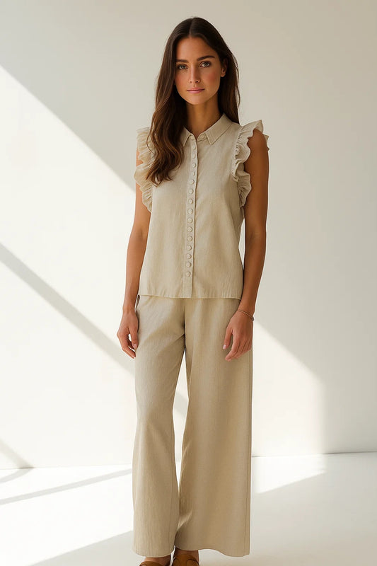 Completo estivo in lino con camicia senza maniche e pantaloni larghi | 100% lino | Fresco e traspirante