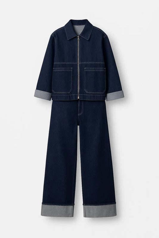 Completo in denim con giacca zip e pantaloni con risvolto