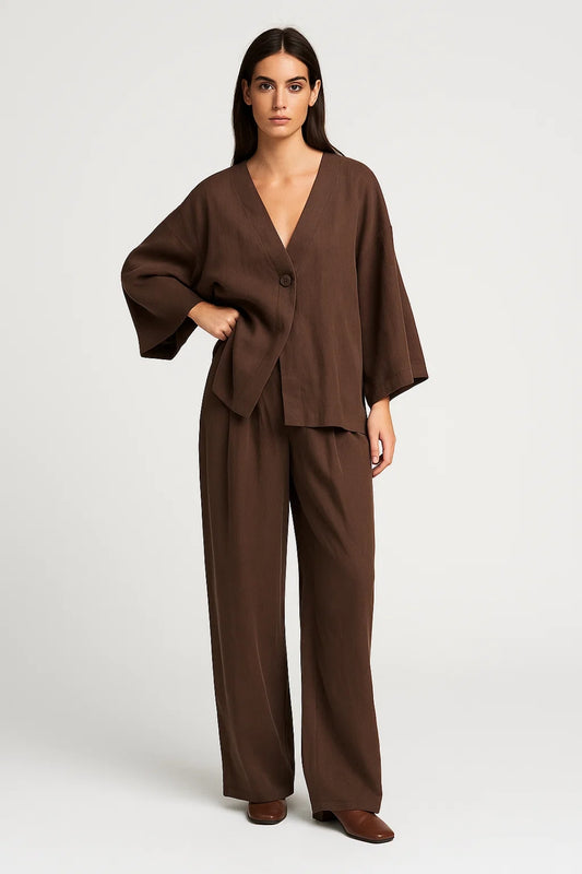 Completo in lino con top ampio e pantaloni a gamba larga | Disponibile in marrone e beige