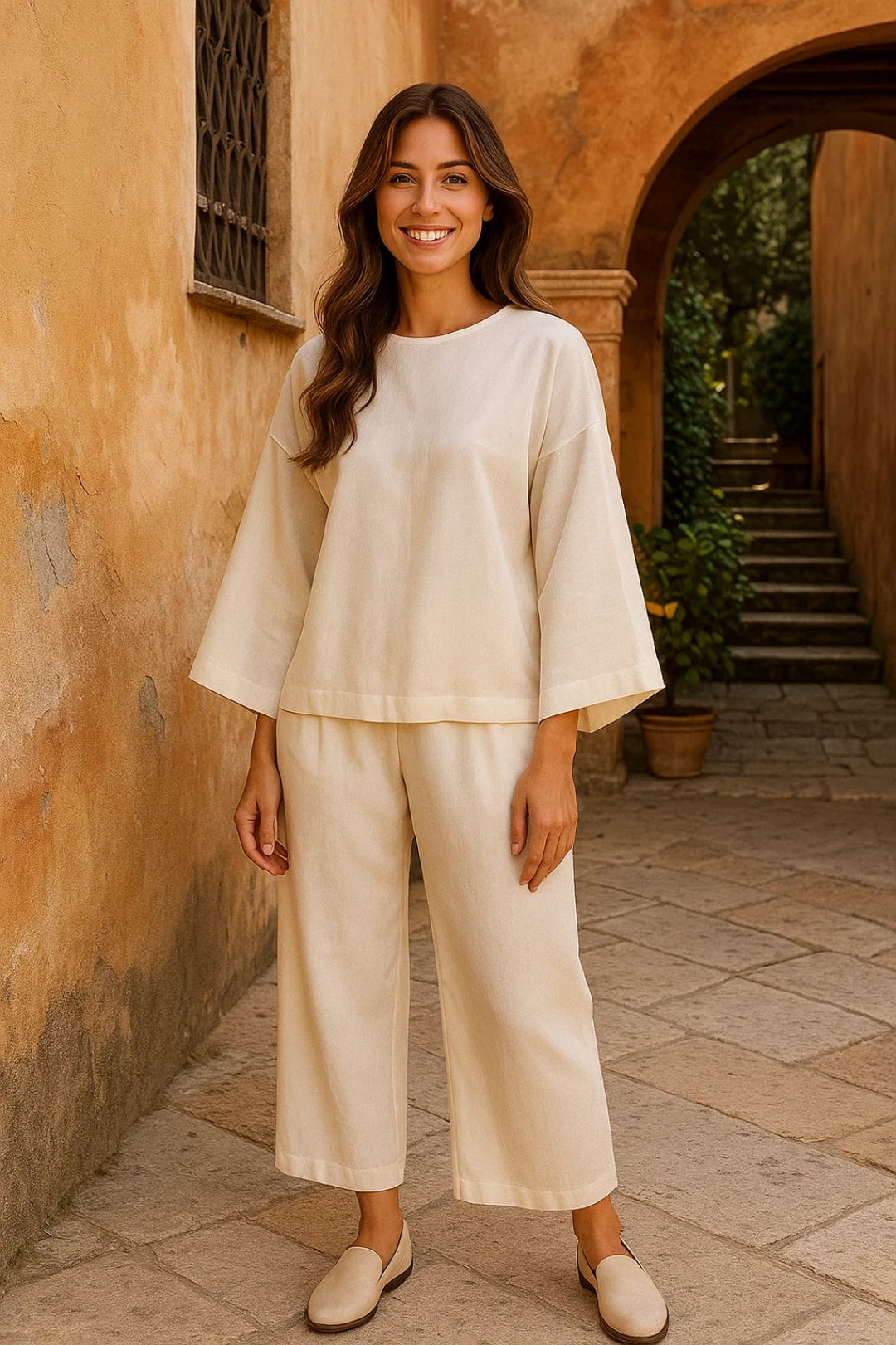 Completo minimal con maglia a maniche ampie e pantaloni larghi | Look monocromatico