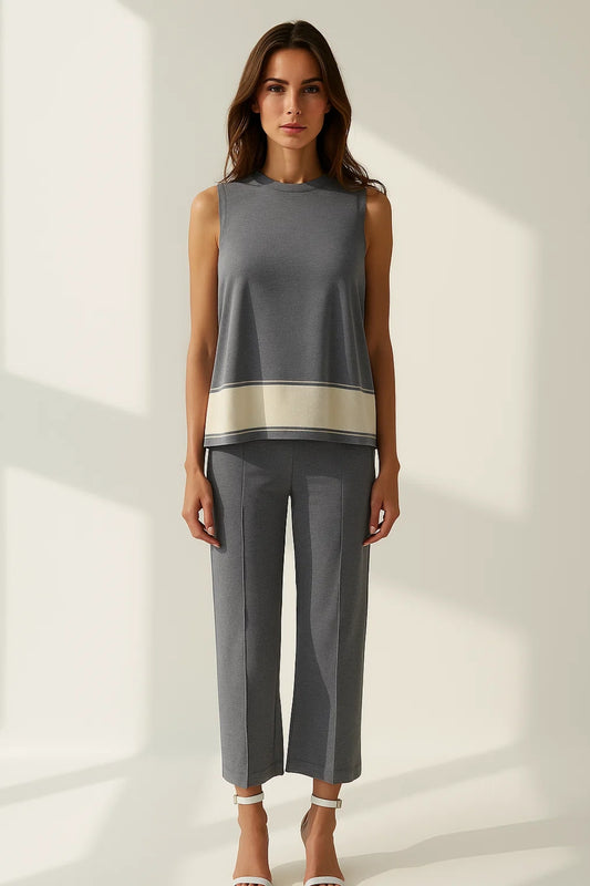 Completo senza maniche in tessuto leggero con pantaloni cropped | Grigio con fascia a contrasto