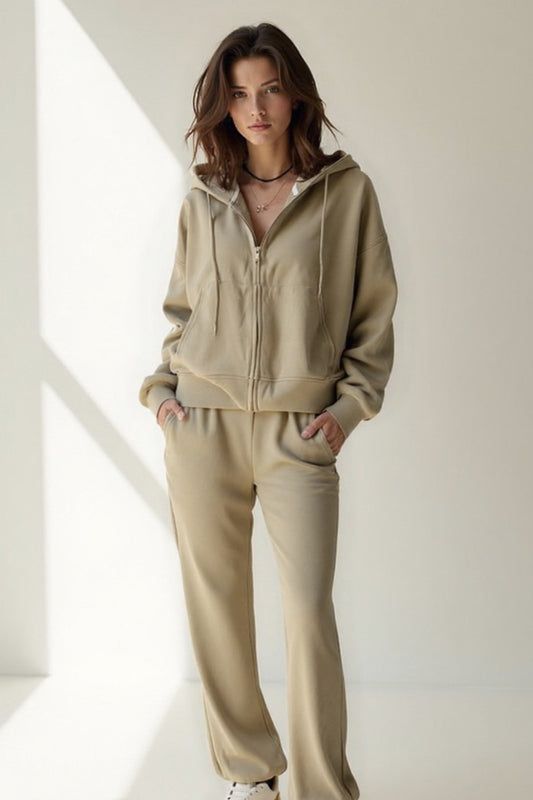 Completo sportivo in cotone con felpa con cappuccio e pantaloni jogger | Beige o Grigio | Comodo e casual