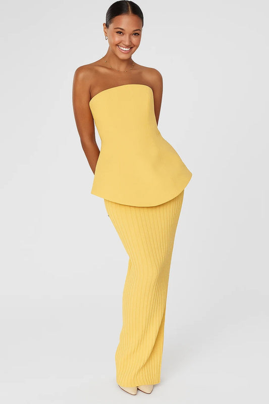 Completo top e gonna giallo pastello | Top a fascia strutturato | Gonna lunga a costine